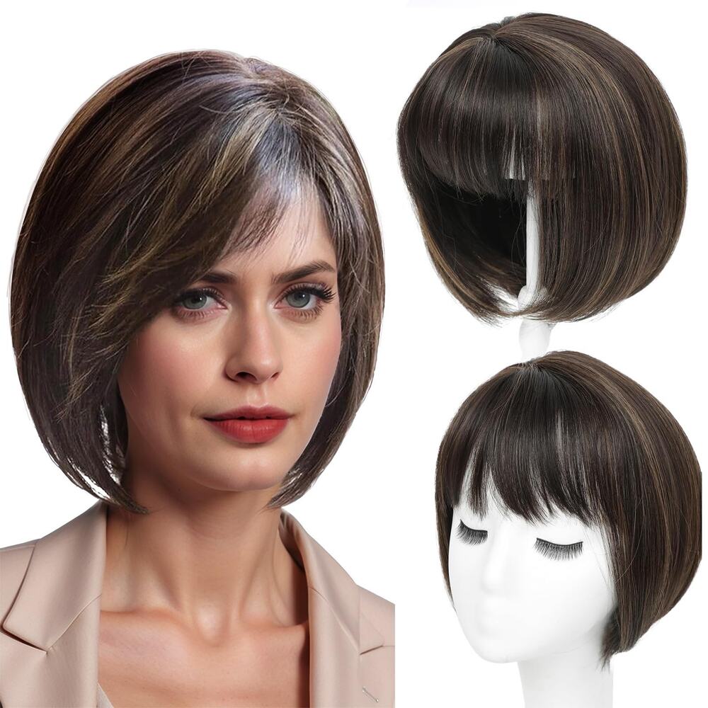 CROWN GUIDE Womens Short Bob Wig Nut Brown Highlights Layered Bangs Style
